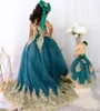 Victorian Teal Green Flower Girls Dresses 2024 Gold Appliques Lace A Line Princess Girls Pageant Dress For Eid Elegant Birthday Formal Party Gowns First Communions