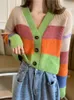 Autumn Winter Women V-neck Cardigan Tops Casual Rainbow Color Sweater Fashion Knitted Loose Jacket Y2k Streetwear 240227
