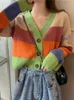 Autumn Winter Women V-neck Cardigan Tops Casual Rainbow Color Sweater Fashion Knitted Loose Jacket Y2k Streetwear 240227