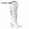 Vrouwen Strass Verfraaid Westerse Laarzen Sexy Puntschoen Sleehak Botines De Mujer Herfst Winter Cowboy Knie Hoge Laarzen 240227