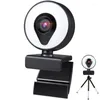 Webcam com microfone e anel de luz Plug Play Web Camera Auto Focus USB para PC Desktop Laptop