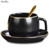 Tasses soucoupes tasse à café en céramique et soucoupe service à thé en porcelaine pigmentée noire avec cuillère en acier inoxydable Drinkware