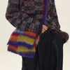 Ull stickad axel shopping väska kvinnor vintage mode bomullsduk flickor tote shopper regnbåge stripe kvinnlig handväska 240301