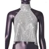 Débardeurs pour femmes Femmes Y2K Argent Métal Chainmail Party Club Sans Manches Halter Diamant Crop Top Dos Ouvert Strass