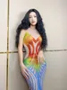 Scen Wear Colorful Rhinestones Sexig Slim Long Dress Sleeveless Transparent Mesh Stretch Outfit Model Catwalk Singer Host Costume