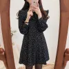 Elbise 2023 Sevimli Tatlı Elbise Sıcak Satış Kadınlar Moda Kore Stil Tasarım Bir Çizgi Tepeli Kızlar Vintage Polka Dot Fırlatma Mini Siyah Elbise