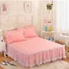 Roze Kant Lotusblad Bed Rokken Prinses Stijl Effen Kleur Sprei Cover Antislip Lakens Zonder Kussensloop 240227