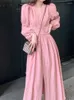 Vestidos casuais elegante sólido mulheres vestido longo v-pescoço lanterna manga alta cintura botões princesa rosa moda fada festa vintage