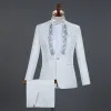 Kostymer vita glittrande kristaller broderi män kostymer med byxor bröllop brudgum tuxedo kostym män står krage scendräkt