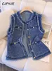 CJFHJE Blau Frühling Herbst Flow Ärmellose Tank Top Mantel Frauen Einreiher Plaid Denim Weste Weibliche Quaste Elegante Dame Westen 240229