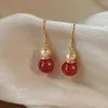 Boucles d'oreilles pendantes à la mode, perles d'agate rouge naturelle de 12MM, accessoires de perles baroques, cadeaux de vacances, aquaculture, Halloween, classique pour femmes
