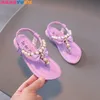 Zapatos de verano para niñas, planos con cuentas, princesa, baile para bebés, sandalias para niños, boda, rosa, 240226