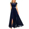 Klänningar Kvinnors eleganta blommiga spets lapptäcke Chiffon Formell klänning Rufflessplit Bridesmaid Party Maxi Dress