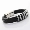 Charm Bracelets Men Jewelry Retro Genuine Leather Bracelet Stainless Steel Bead With Magnet Clasp 12MM Wide Braided