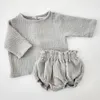 Bébé filles gaze coton à manches longues haut cardigan chemises bloomer shorts ensemble enfant en bas âge tenues de printemps né bébé garçons vêtements ensemble 240226