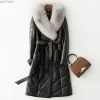 Jackets Genuine Sheepskin Leather Down Jacket Women Winter 23 Elegant Midlength Down Coats Fox Fur Collar Loose Leather Jackets Laceup