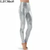 Capris lzcmsoft silver kvinnor glänsande metalliska dans leggings hög midja i full längd byxor lycra hud blyertsbyxor scenprestanda