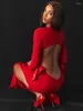 Casual Dresses O Neck Long Sleeve Bodycon Club Party Dress Elegant Bow Backless Sexy Maxi For Women Fashion Red