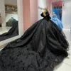 Vestidos De quinceañera De princesa negra, 3DFlower apliques con cordones, corsé con hombros descubiertos, manga abombada, Vestidos De 15 anos, Vestidos De graduación 2024