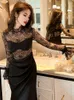 Robes décontractées Mode élégante Sexy Midi pour les femmes 2024 Noir Sheer Dentelle Manches longues Satin Plis Asymétrique Split Robe Party Robes