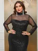 Party Dresses Plus Size Women paljetter Lace SPICING Black Elegant aftonklänningar Långärmad stor mode Lady Banketklänning 240229