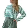 Blusas femininas casual camiseta listrado impressão solta ajuste o pescoço manga longa topo para primavera outono streetwear moda elegante