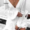 Dress Women Elegant Dress Lace Trim Cutout Puff Sleeve Plunge Dress V Neck Casual Dress Vacation Dress