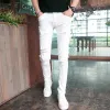 パンツメンズ韓国ファッションソイルドホワイトジーンズ壊れた穴スリムフィットデニムパンツブランドエラスティックストリートウェアストレートズボン