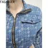 Fagadoer moda y2k streetwear feminino denim zíper manga longa colheita superior primavera impressão emendamento casaco fino feminino jaqueta de cowboy 240301