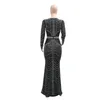 Casual Dresses 2024 Black Sheer Mesh Diamonds Sexig lång festklänning för kvinnor Luxury Slim Elegant Rhinestone Sparkle Night Club Prom Gown