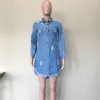 Kleid Vintage Frauen Denim Mini Asymmetrische Kleid Sexy Drehen Unten Hals Langarm Gerippte Quaste Hemd Kleid Mini Blau Jean vestido