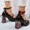 Klänningskor Lucyever Gothic Rose High Heels Pumps Women 2023 Fashion Patent Leather Mary Jane Shoes Woman Ankel Strap Cosplay Lolita Shoes T240302