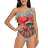 Damen Bademode Wassermelone Waschbär Einteiliger Badeanzug One Shoulder Rüschen Sexy Monokini Girl Beach Trash Panda