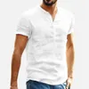 Summer cotton linen mens solid color short sleeved beach style shirt stand up collar Hawaii holiday casual T-shirt 240302