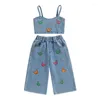 Set di abbigliamento 1-6 anni Set di vestiti estivi per ragazze per bambini Set di farfalle per bambini Stampa senza maniche Camis in denim Top Jeans lunghi Pantaloni moda per bambini Abiti