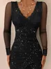 Casual Dresses Fashion Women Clothing Asymmetrical See Through Sexy V Neck Black Dress Contrast Lace Long Sleeve Ruched Glitter Bodycon