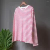 Blusas femininas casual camiseta listrado impressão solta ajuste o pescoço manga longa topo para primavera outono streetwear moda elegante