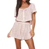 Survêtements pour femmes Femmes Summer Loose Shorts Outfit Preppy Plaid Boutons Tie-Up T-shirt à manches courtes Tops Taille élastique 2 pièces Ensemble de vêtements