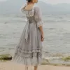 Vestido francês estilo vintage, vestido de malha de fadas, manga larga, renda, princesa, cinza prateado, feminino, tribunal real, festa noturna, vestido de baile