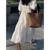 Klänningar houzhou vita kvinnors sundress sommar spets boho överdimensionerad maxi klänning långärmad bomullsstrand klänning avslappnad koreansk mode chic