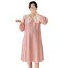 Klänningar 2623# 2023 Autumn Korean Fashion Maternity Dress Sweet Pink O Neck Loose Clothes For Pregnant Women Söta graviditetskläder