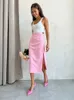 Röcke 2024 Herbst Winter Frauen Sexy Midi Solide Rosa Hohe Taille Damen Asymmetrische Schlitz Bodycon Büro Bleistift Rock