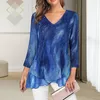 Camicette da donna Top da donna con scollo a V Stampa Manica a tre quarti Orlo asimmetrico Pullover morbido allentato T-shirt sottile da donna Autunno Primavera