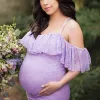 Dresses Ruffles Lace Maternity Dress For Photo Shoot Shoulderless Fancy Pregnancy Dress Purple Pregnant Women Maxi Gown Photography Prop