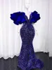 2024 Royal Blue Sequins Prom Party Dress V-Neck Ruffles Puffy Sleeves Mermaid Africa Evening Formal Birthday Gowns Black Girls Robe De Soiree