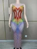 Scen Wear Colorful Rhinestones Sexig Slim Long Dress Sleeveless Transparent Mesh Stretch Outfit Model Catwalk Singer Host Costume