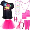 Robes Années 80 Accessoires de déguisement Rétro Femmes Costume de fête Ensemble Adulte Tutu Jupe Néon Résille Gants Collier de Perles Bracelet Boucles d'oreilles