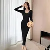 Vestidos casuais moda malha sólida simples elástico longo mulheres senhoras camisola v-pescoço manga magro vestido mujer robe femme vestido