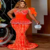 2024 ASO EBI ORANGE MERMAIDE Prom Dress Crystals Crystals Lace Feather Soirée formelle Fête Deuxième réception 50e anniversaire Robes de fiançailles Robe Robe de Soiree ZJ101