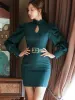 Giyin Yeni Kore Moda Resmi Kısa Kalem Elbise Zarif Kadın Giyim Gücü Şık Hollow Seksi Uzun Kollu İnce Fit Mini Vestidos